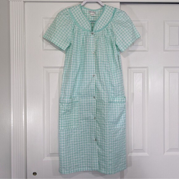 Elegant Emily Duster House Coat Robe S Mint Green Gingham Plaid Pearl New NWT - Picture 3 of 10